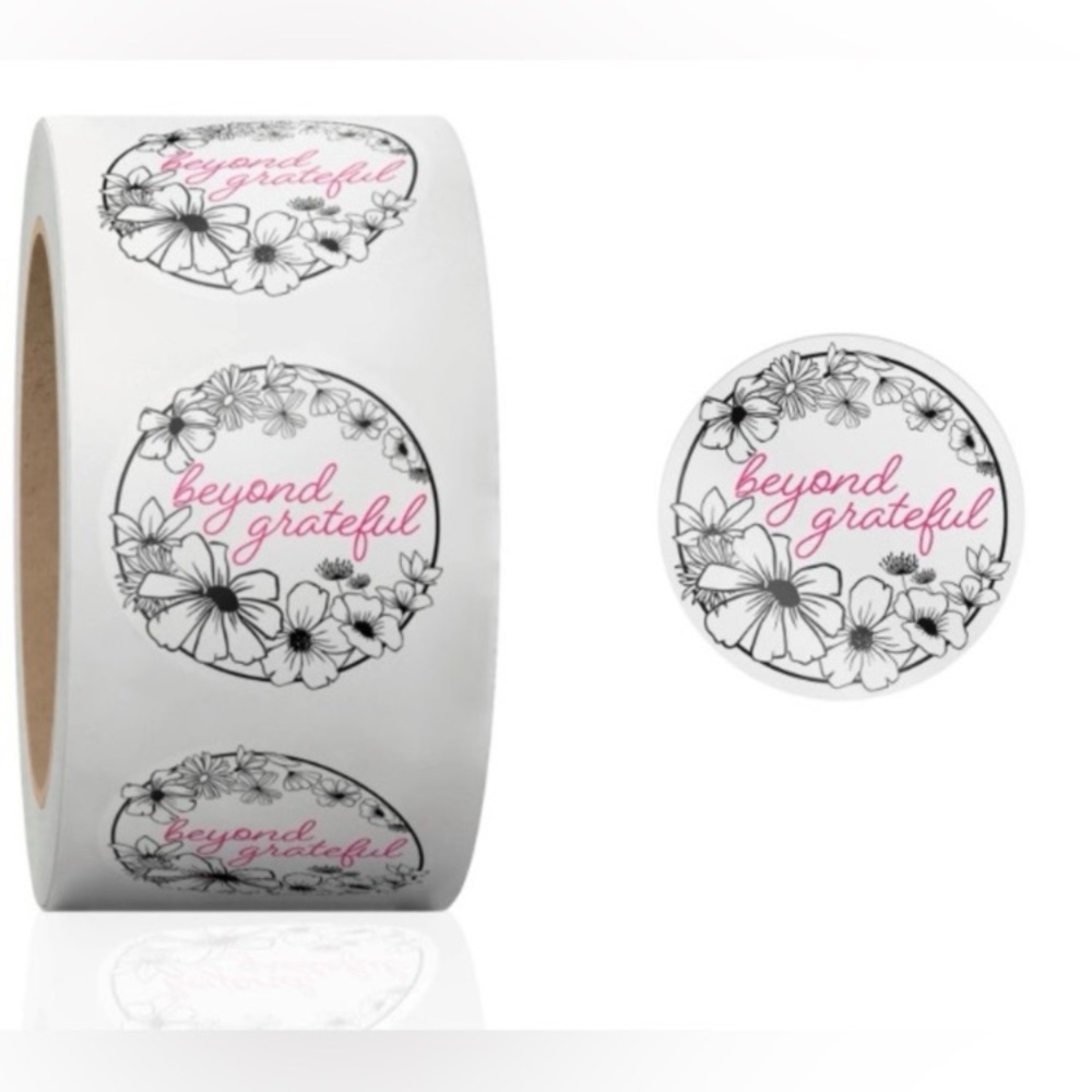 500 Beyond Grateful 1.5” Stickers Roll Floral Thank You Labels  Black Pink White